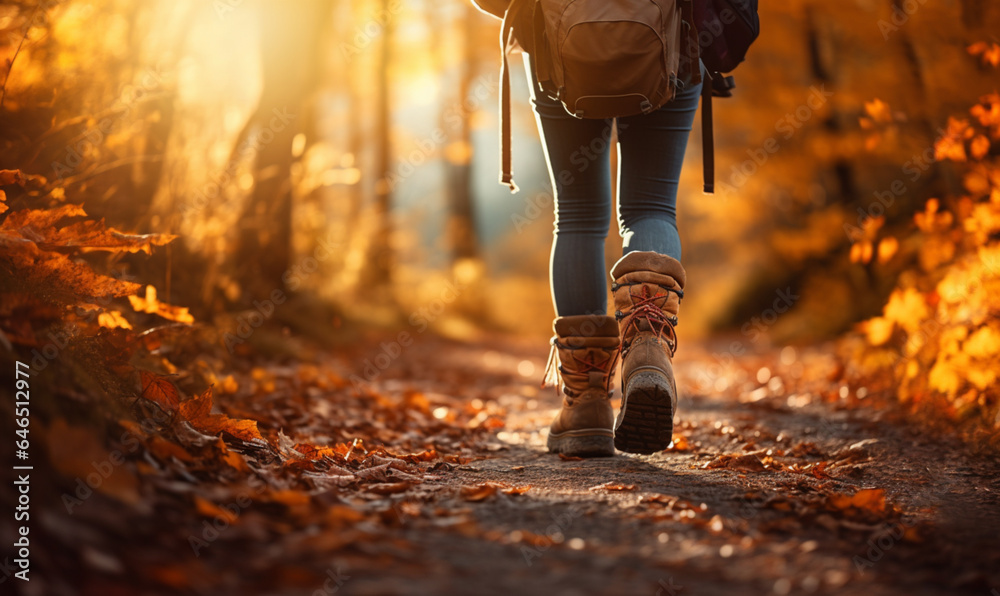 Close-up of female legs, woman walking in autumn forest, Friendly Fall Activities, Go on a nature hi