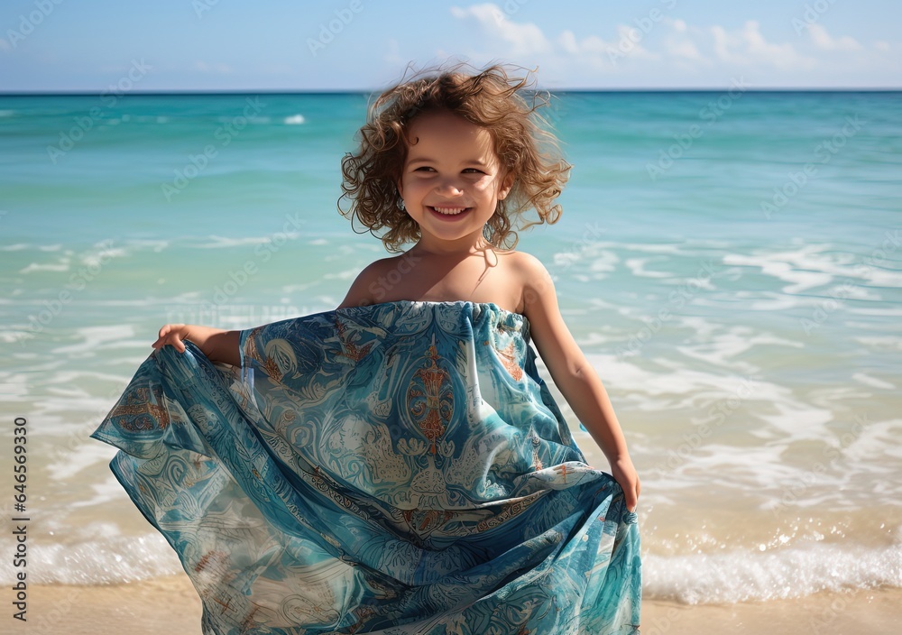 little girl play in shallow water shore at summer beach, generative Ai