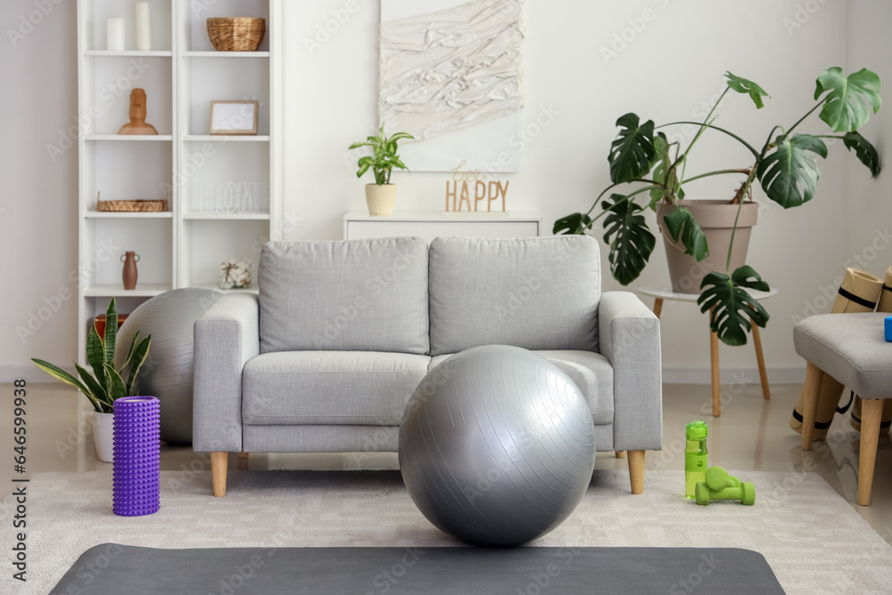 Interior of living room with sofa and fitball