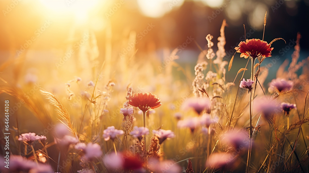 Field full of autumn flowers at sunrise