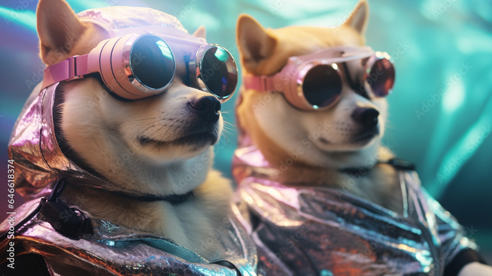 Futuristic cyber dogs with fashionable clothes and accessories