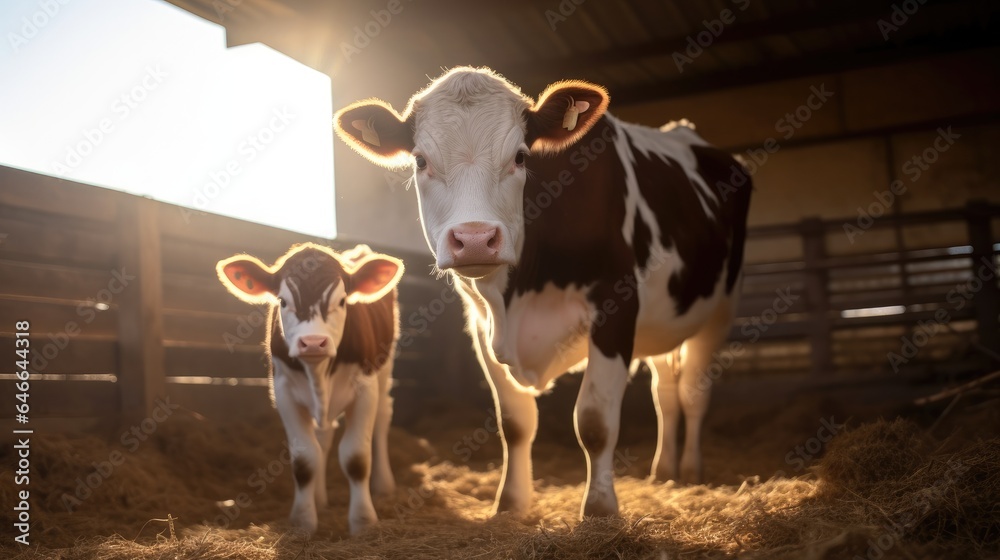 A cow with a small calf is standing in a cowshed.