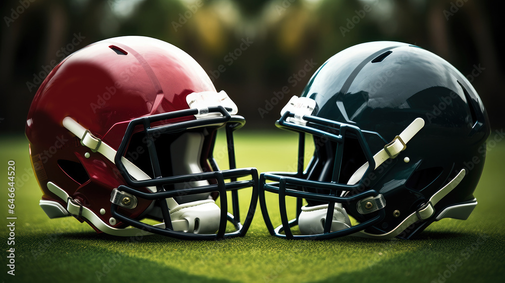 A red and dark green football helmet facing each other, Signifying a versus match on a football fiel