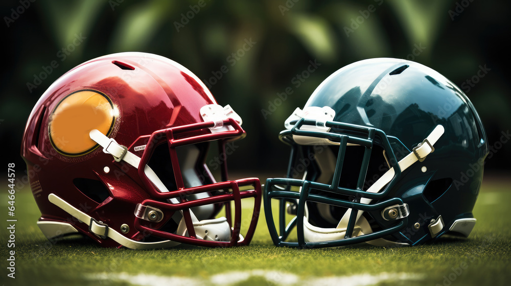 A red and dark green football helmet facing each other, Signifying a versus match on a football fiel