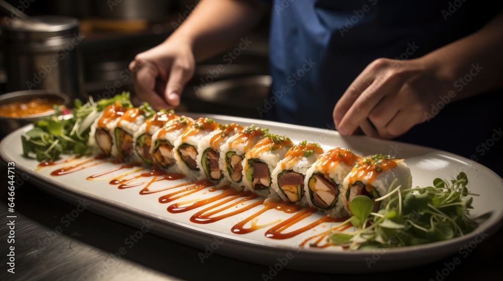 A sushi chef expertly rolling a dragon roll with precision at restaurant.