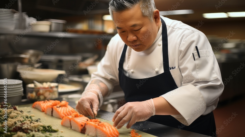 A sushi chef expertly rolling a dragon roll with precision at restaurant.