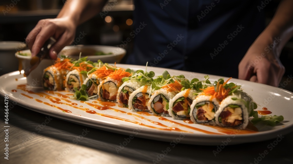 A sushi chef expertly rolling a dragon roll with precision at restaurant.