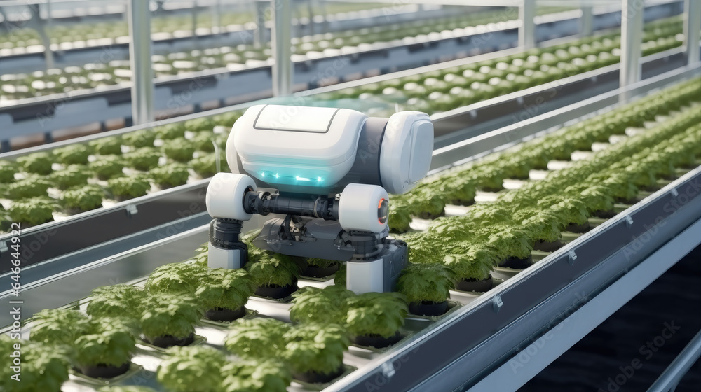 Smart farming and technology, AGV robot courier cars transporting hydroponics vegetable crates to st