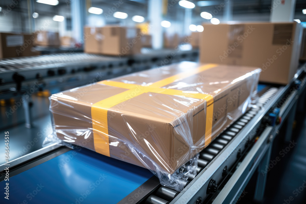 Cling Film-wrapped cardboard boxes on the conveyor belt at distribution warehouse.