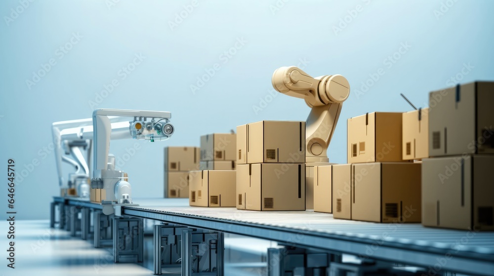 Production line with robotic arms are packing boxes at warehouse, 3d rendering.