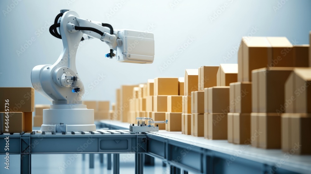 Production line with robotic arms are packing boxes at warehouse, 3d rendering.