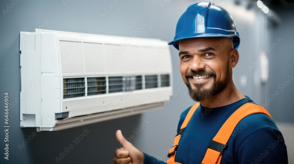 Male Electrician Gesturing Thumbs Up, Air conditioner repairmen work on home unit.