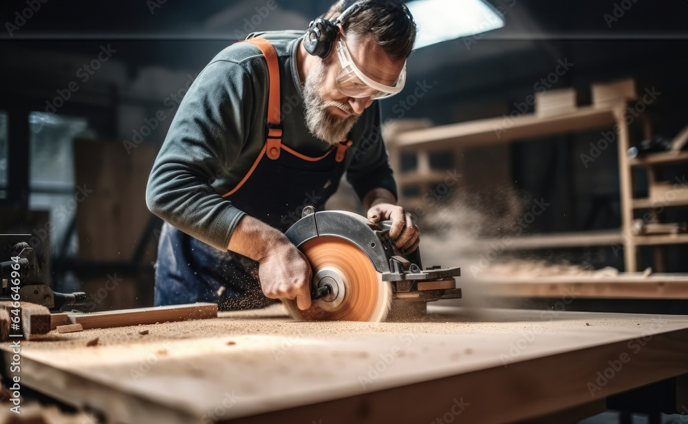 Man carpenter using circular saw while working on a piece of wood in home workshop.