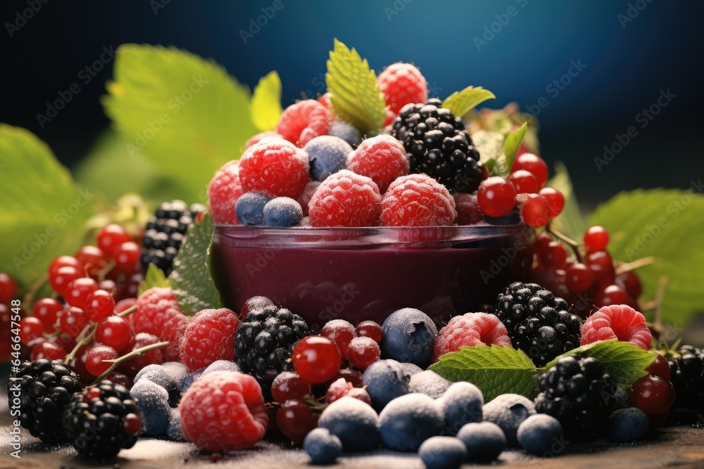 Product podium mixed berry forest background for offer.