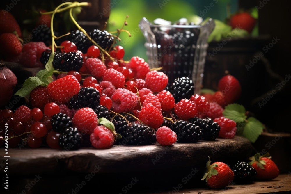 Product podium mixed berry forest background for offer.