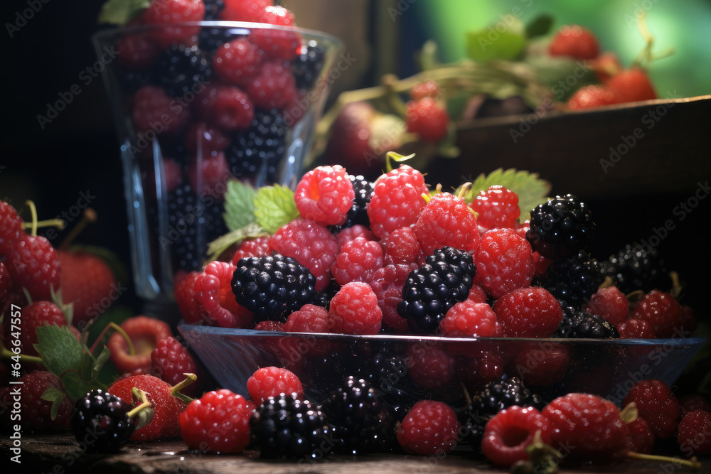 Product podium mixed berry forest background for offer.