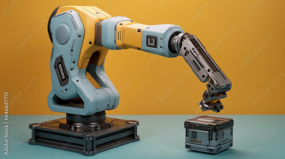 Robot arm for manufacturing industrial plant on yellow background. Technology and futuristic concept