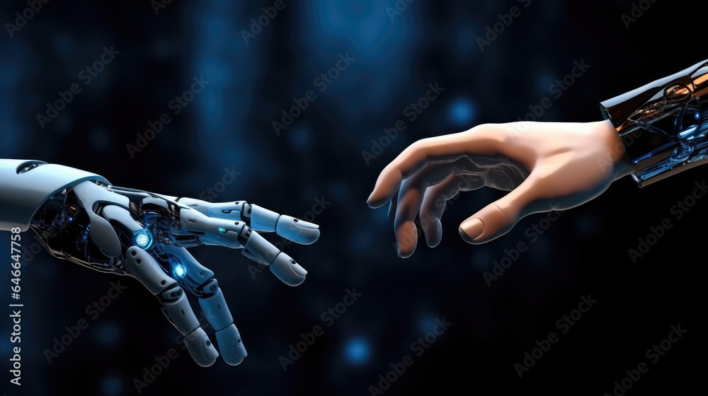 Robot hand close to touching a human hand on dark background, Business communication and Innovation 