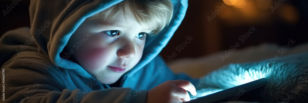 Little girl playing game on her smartphone tablet while laying in bed, Kids screen time concept.