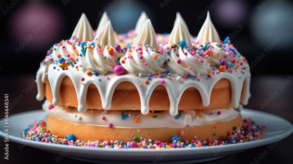 Vanilla buttercream Birthday cake with colorful sprinkles over a neutral background.