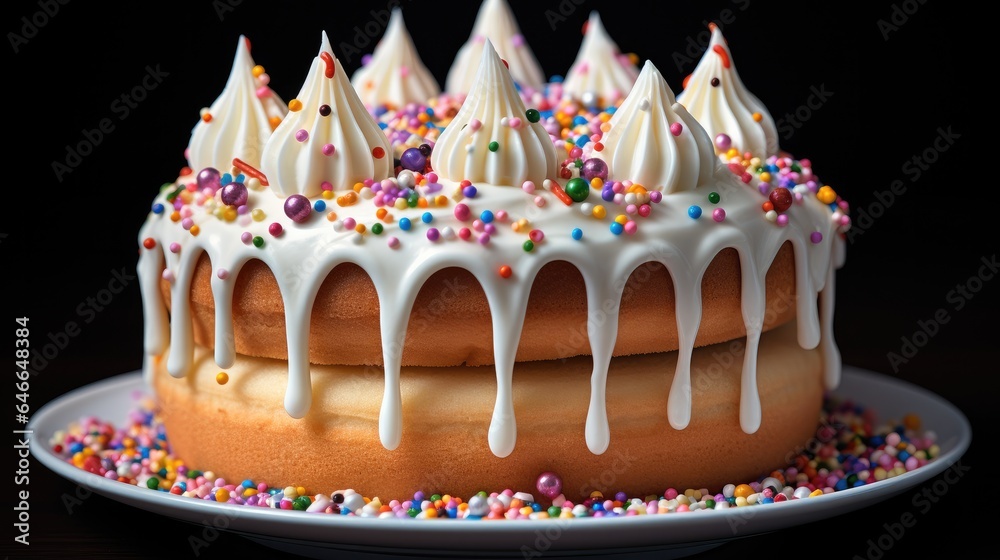 Vanilla buttercream Birthday cake with colorful sprinkles over a neutral background.