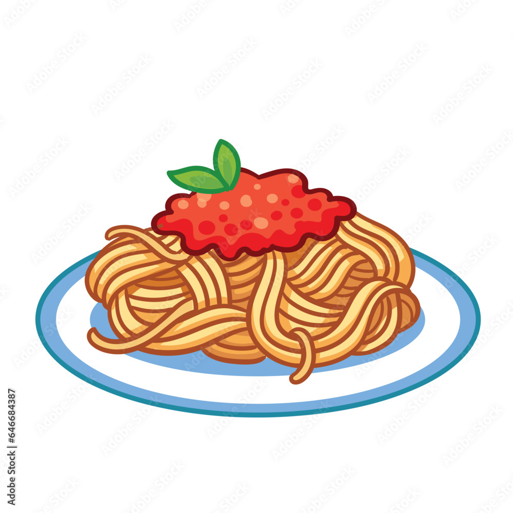 Vector illustration with bolognese pasta on a white plate with a portion of minced meat sauce and to