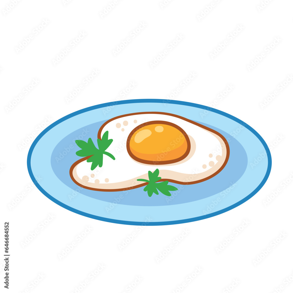 Fried eggs on a plate isolated on white background. Vector illustration with breakfast.