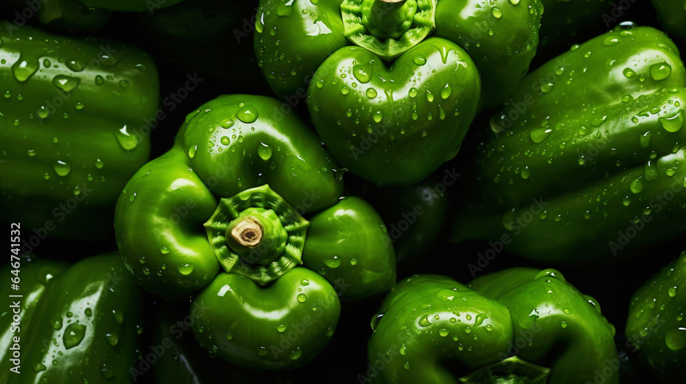 Fresh green bell peppers with water drops background. Vegetables backdrop. Generative AI