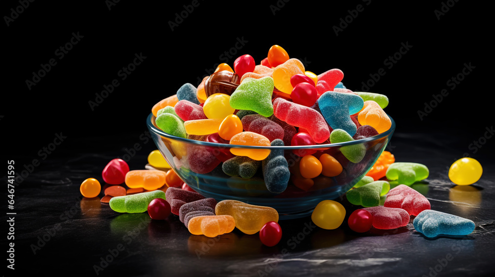 Top view on delicious multicolored candies on black rustic background. Generative AI