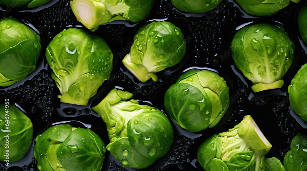 Fresh green brussels sprouts with water drops background. Vegetables backdrop. Generative AI