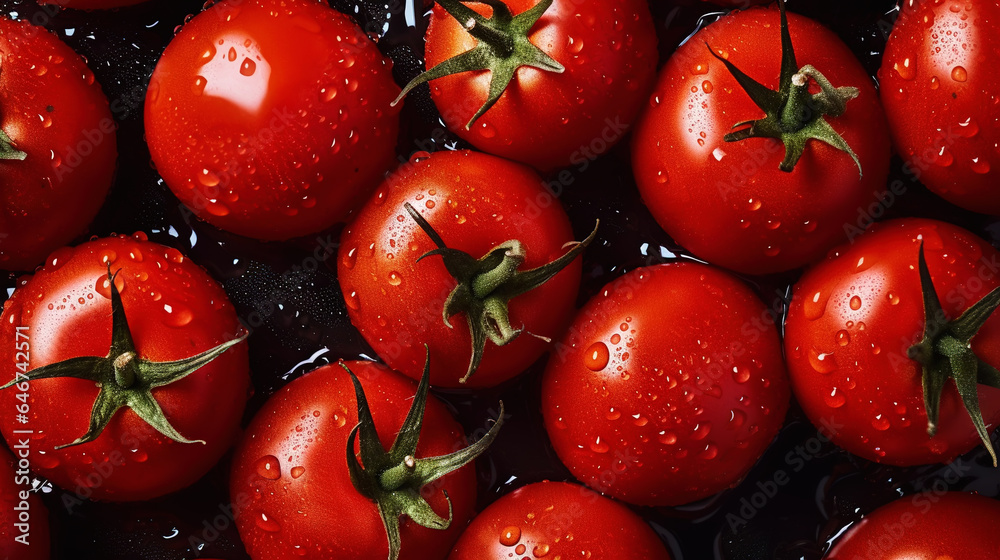 Fresh red tomatoes with water drops background. Vegetables backdrop. Generative AI