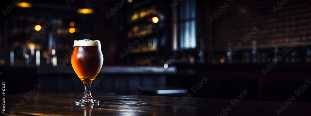 Snifter glass of light beer on bar table in a dark pub with copy space. Generative AI