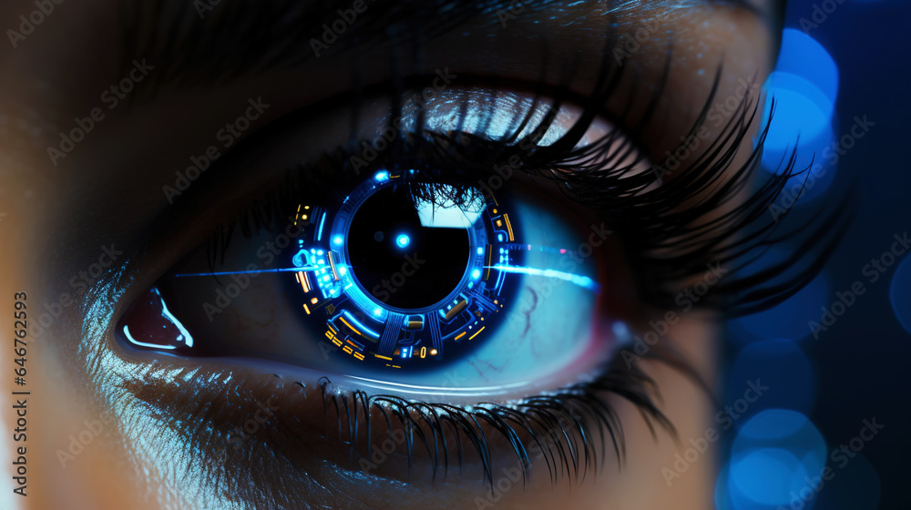 Female android robot eye close up. Digital iris of cyber woman. Bionic technology concept. Generativ