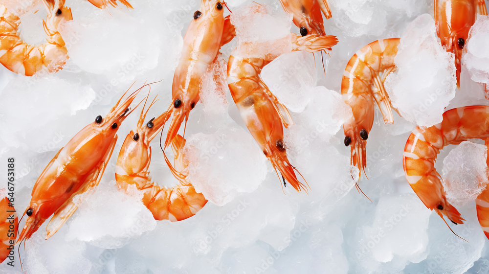 Top view of raw whole shrimps on ice. Seafood background. Generative AI