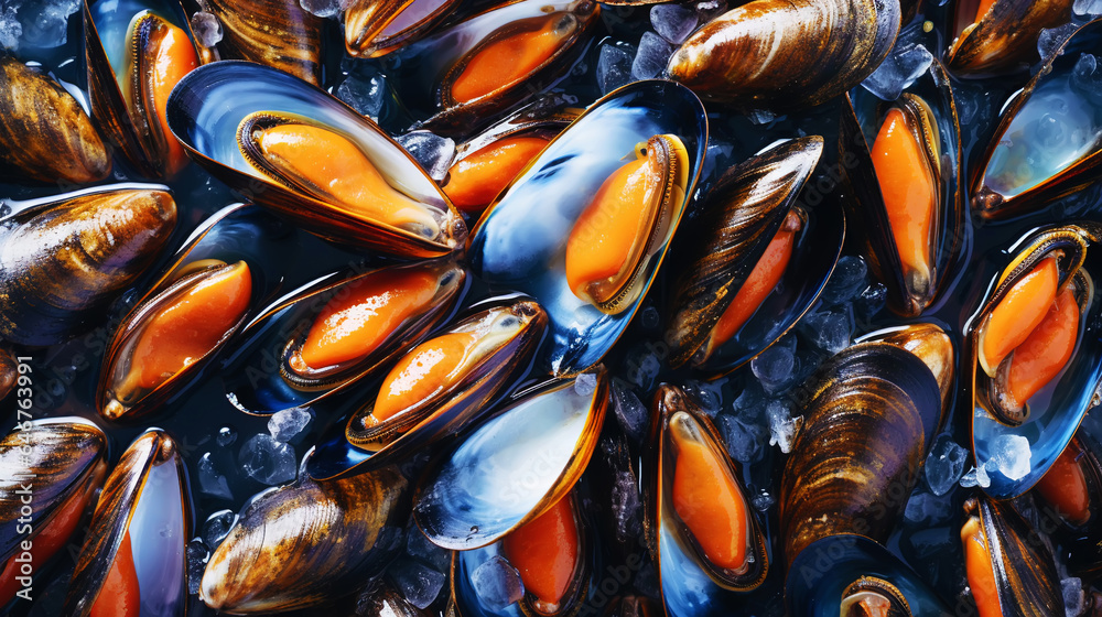 Raw Mussels on ice in the restaurant . Fresh seafood shellfish background. Generative AI