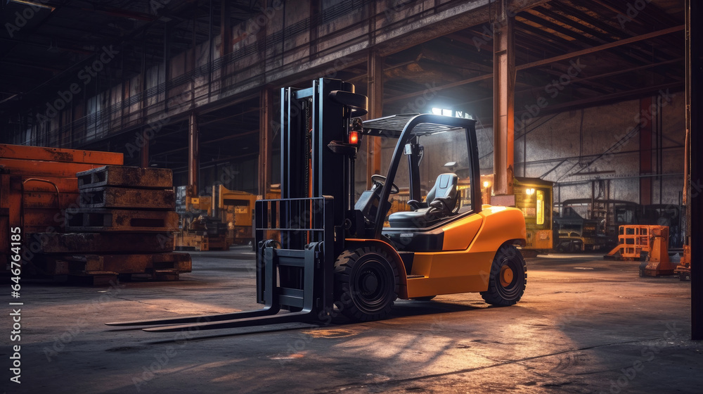 A forklift lifting in industrial plant. Generative Ai