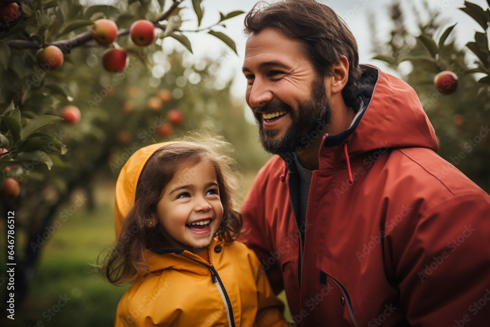 Father and little daughter visit an apple orchard, rejoice, harvesting apples in the garden, fresh a