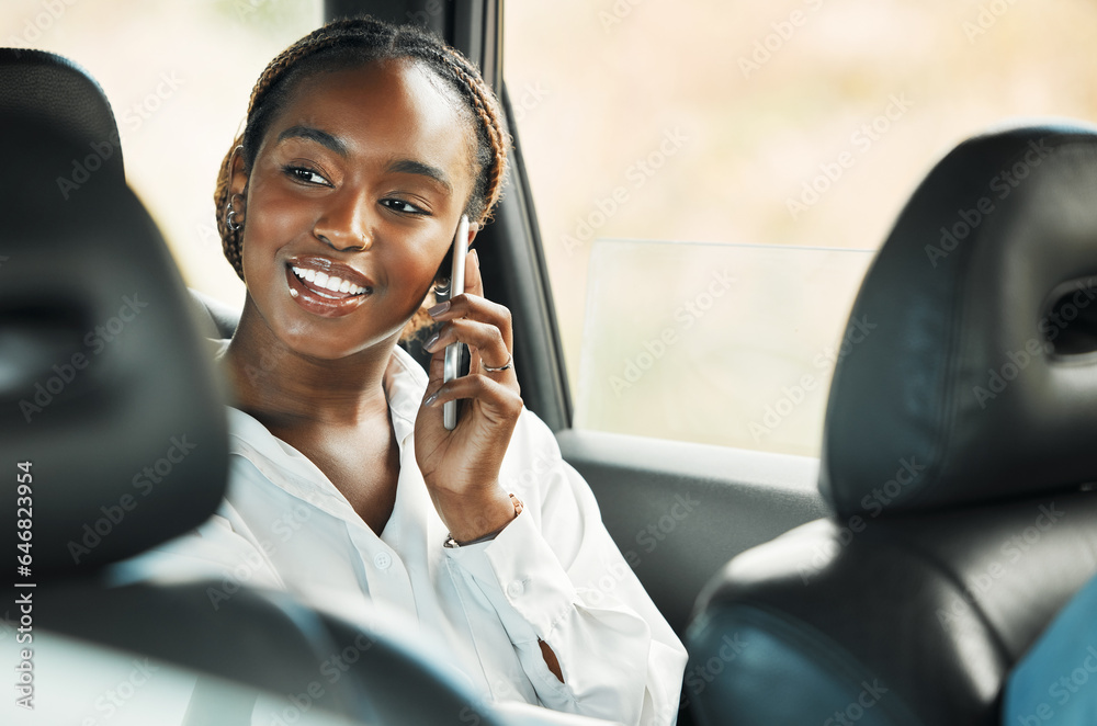 Phone call, smile and black woman in taxi to travel, conversation and communication. Mobile, car and