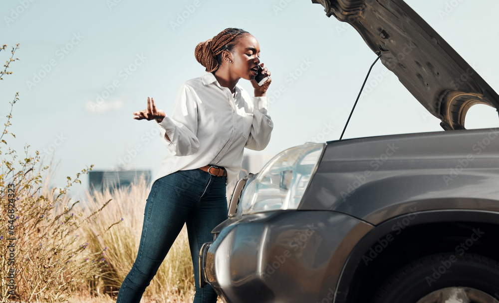 Bonnet, broken car and black woman on a phone call in road with frustration for engine problem emerg