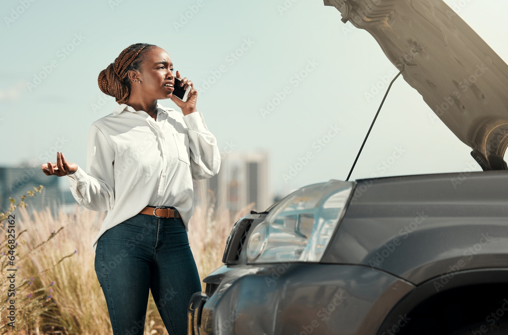 Stress, broken car and black woman on a phone call in the road with frustration for engine problem e