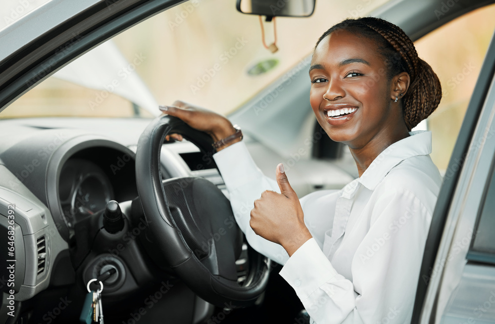 New car, portrait or happy black woman with thumbs up, yes or thank you for vehicle finance or loan 