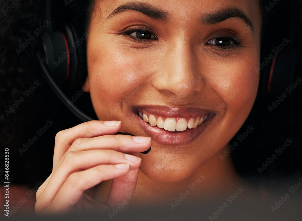 Face, mic and woman at callcenter, headset and closeup with phone call, CRM and communication with s