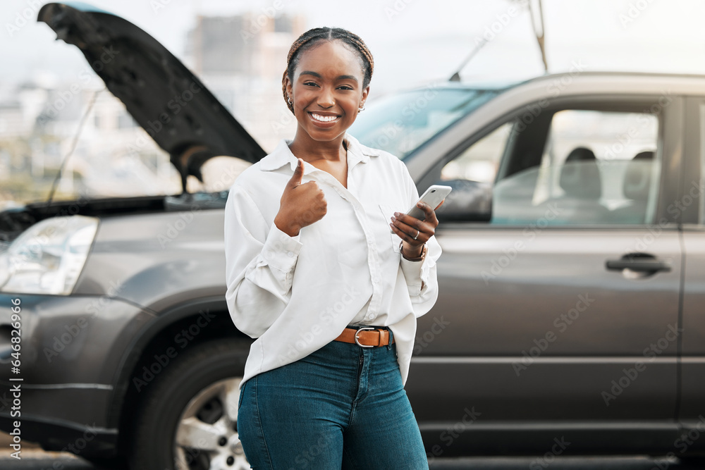 Car insurance, mobile or portrait of happy woman with thumbs up on road typing message for help. Smi