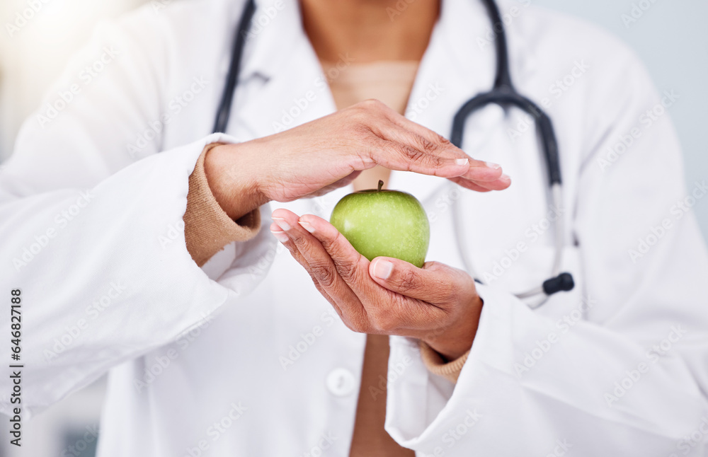 Hands, apple and doctor, health and diet with nutritionist person, healthy food closeup and lose wei