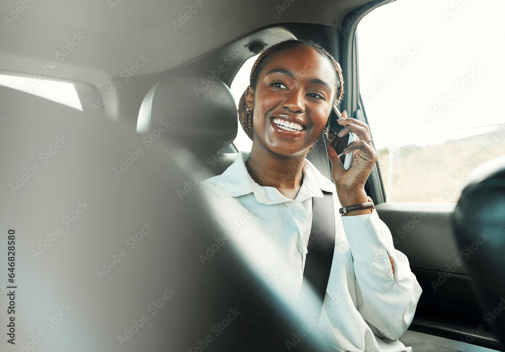 Phone call, smile and black woman in car to travel, conversation and communication. Mobile, taxi and