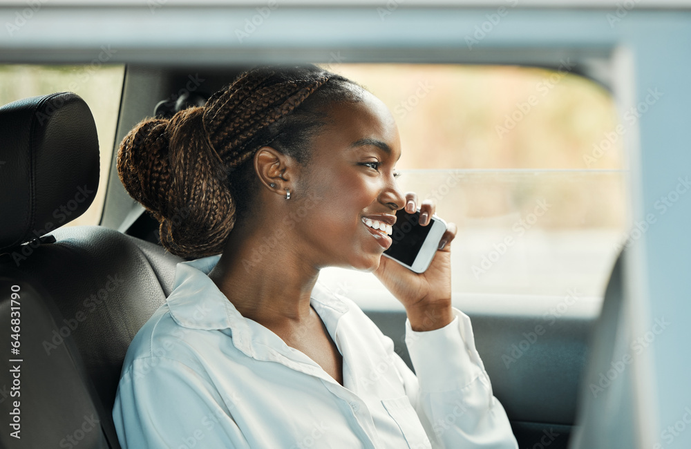 Phone call, happy and black woman in car to travel, conversation and communication. Mobile, taxi and