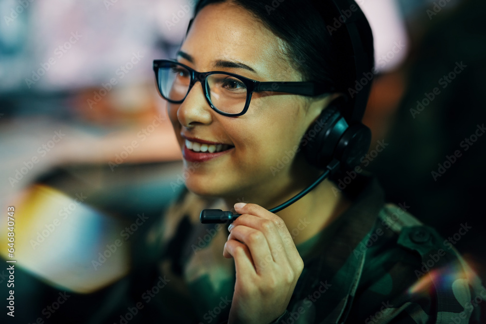 Information technology, call center and woman with hand on microphone and glasses for big data or in