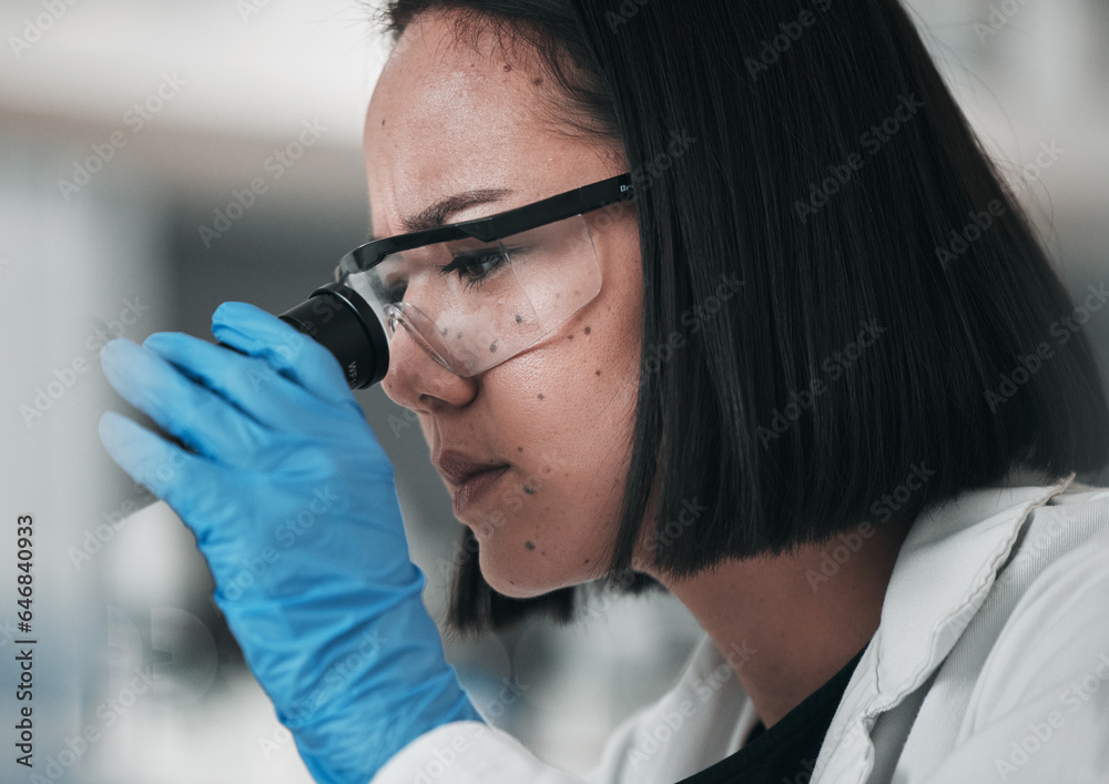 Science, healthcare and Asian woman in laboratory with microscope for research, analysis and study. 