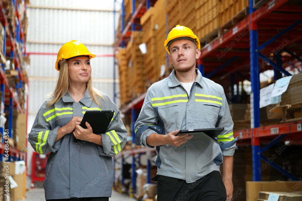 Warehouse Industrial supply chain and Logistics Companies inside. Warehouse workers checking the inv