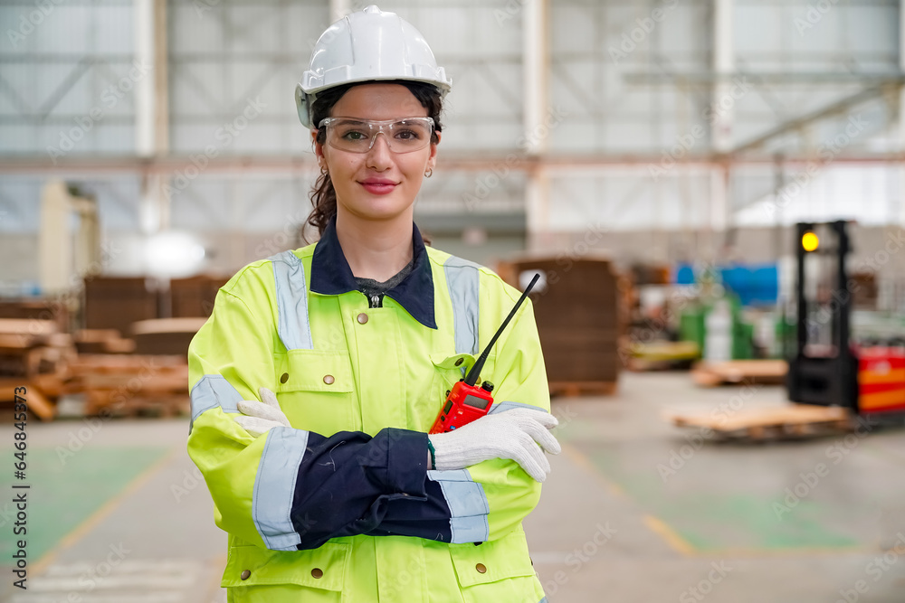 Group of smiling worker standing together at logistic distribution warehouse, Teamwork concept